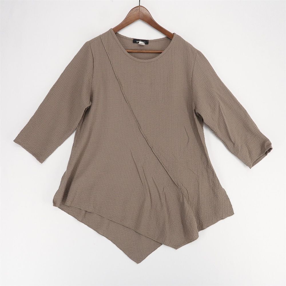 Yushi Tunic Top Womens S‎ Brown Textured Asymmetrical Hem 3/4 Sleeve Lagenlook